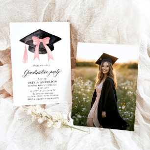 Modern Trendy Pink Bow Graduation Cap Graduation Invitation