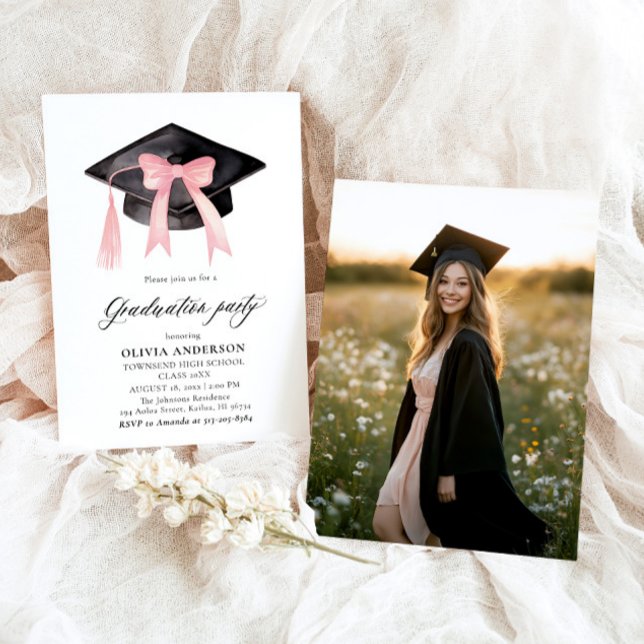 Modern Trendy Pink Bow Graduation Cap Graduation Invitation (Watercolor Modern Elegant Trendy Stylish Pink Bow Graduation Invitation)