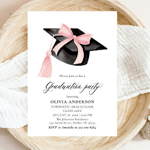 Modern Trendy Pink Bow Graduation Cap Graduation Invitation