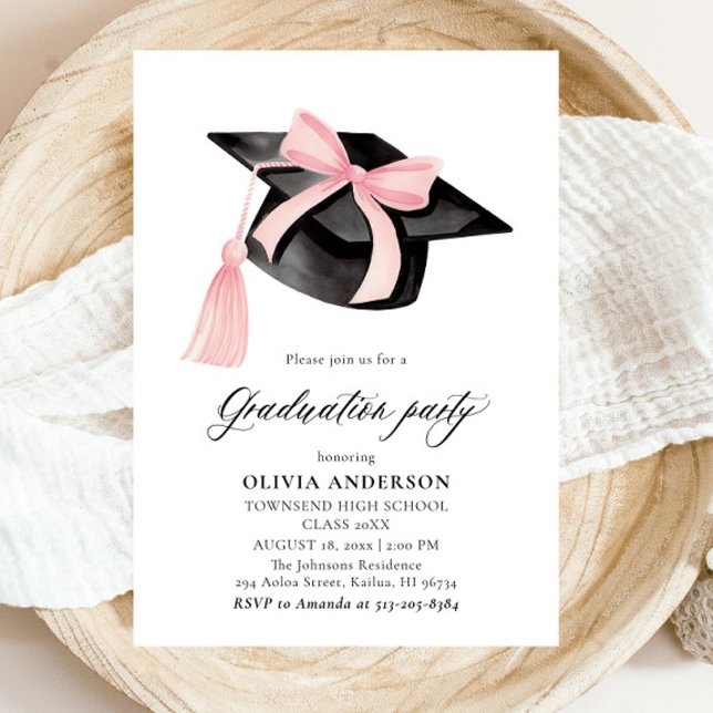 Modern Trendy Pink Bow Graduation Cap Graduation Invitation (Watercolor Modern Elegant Trendy Stylish Pink Bow Graduation Invitation)
