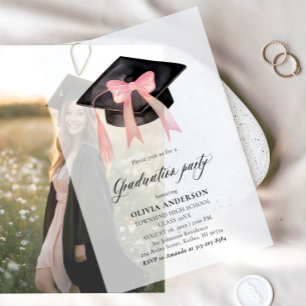 Modern Trendy Pink Bow Graduation Cap Graduation Vellum Invitations