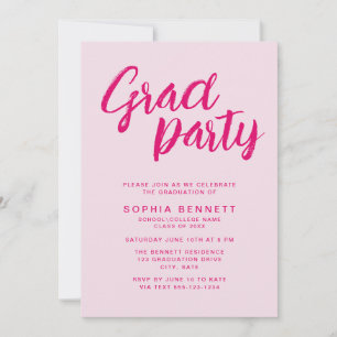Modern Trendy Pink Brush Script Graduation Party Invitation