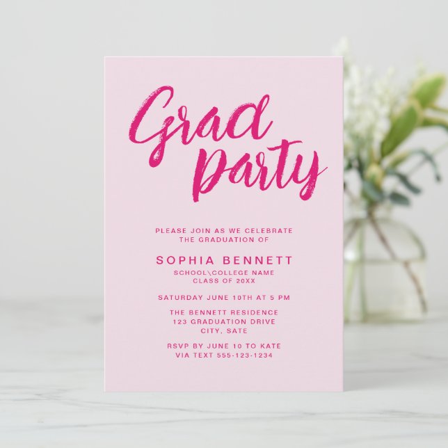 Modern Trendy Pink Brush Script Graduation Party Invitation (Standing Front)