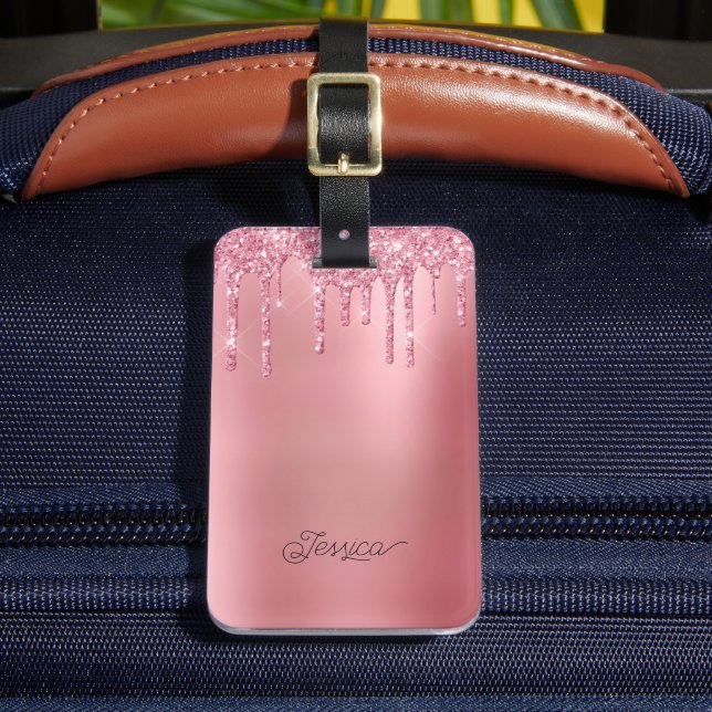 Modern Trendy Pink Dripping Glitter  Luggage Tag (Front Insitu 2)