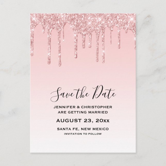 Modern Trendy Pink Faux Glitter Save the Date Postcard (Front)