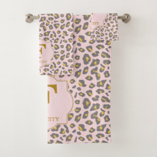 Modern Trendy Pink Gold Leopard Pattern Monogram Bath Towel Set