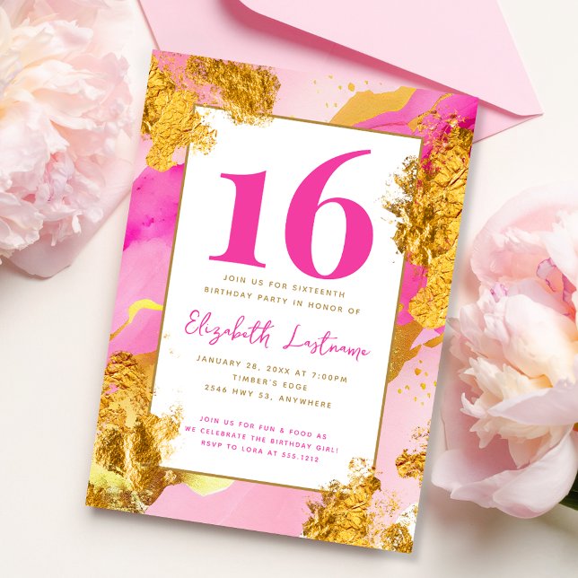 Modern Trendy Pink Gold Sweet 16 Birthday Invitation (Creator Uploaded)