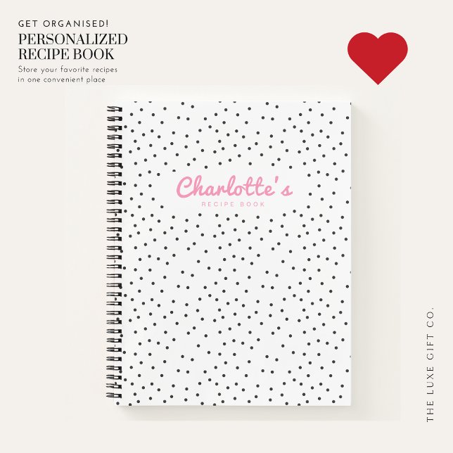 Modern Trendy Pink Polka Dot Name Blank Recipe Notebook (Creator Uploaded)
