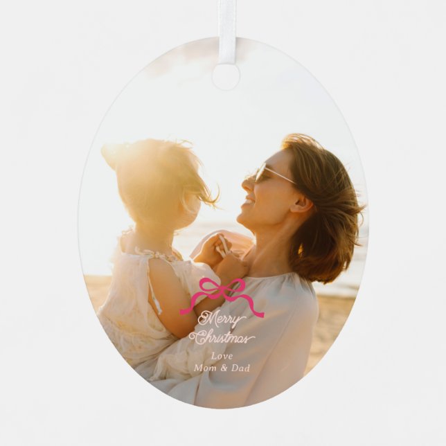 Modern Trendy Pink Retro Bows Photo Christmas Metal Tree Decoration (Front)