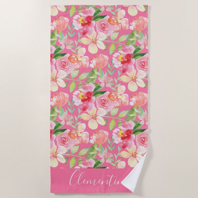 Modern Trendy Pink Rose Floral Watercolor Beach Towel (Front)