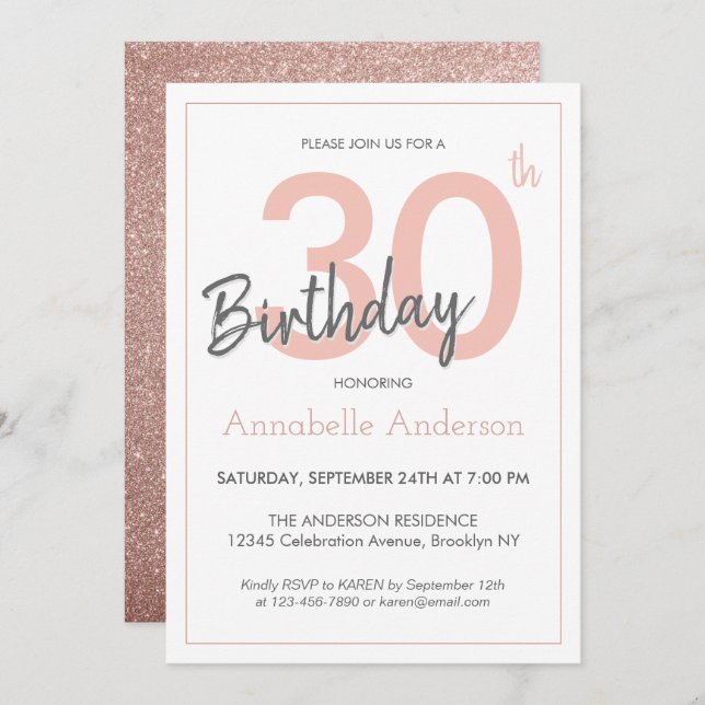 Modern Trendy Pink Rose Gold Glitter 30th Birthday Invitation (Front/Back)