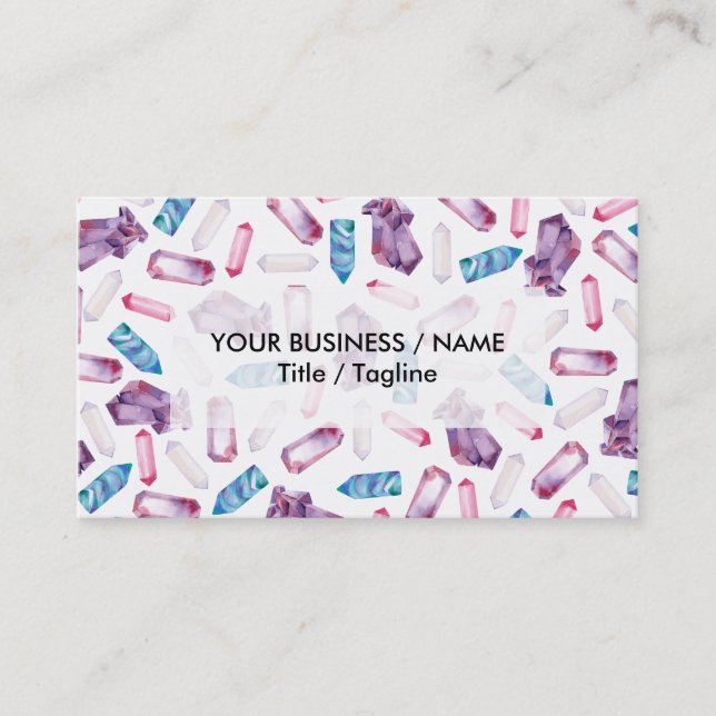 Modern trendy pink teal watercolor crystals business card (Front)