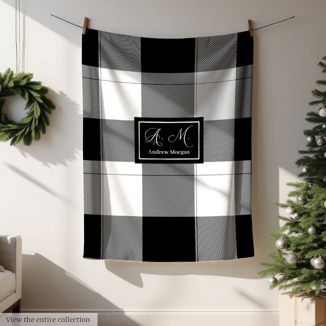 Modern Trendy Plaid in Black & White for Him Custo Fleece Blanket (Modern Trendy Plaid in Black & White for Him Custom)