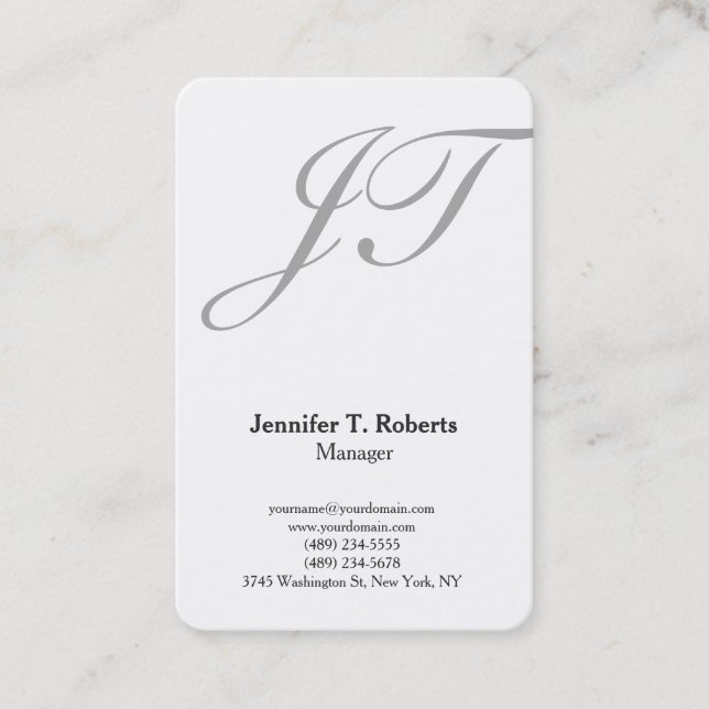 Modern trendy plain grey script monogram business card (Front)