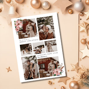 Modern Trendy Poinsettia Christmas Couple Photo Holiday Card