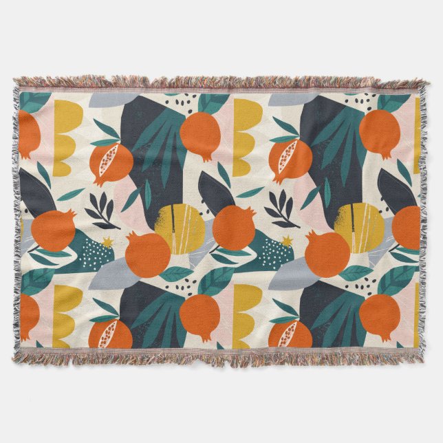 Modern Trendy Preppy Chic Apricot and Leaves Throw Blanket (Front)