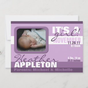 Modern Trendy Purple Stripe Birth Announcements