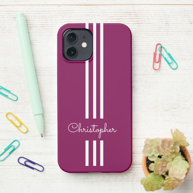Modern Trendy Racing Stripes monogrammed  iPhone Case (On Desk)