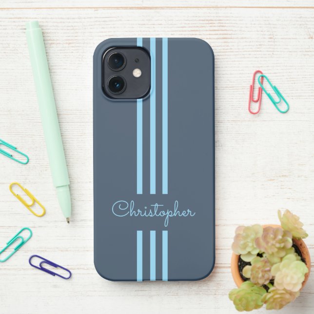 Modern Trendy Racing Stripes monogrammed  iPhone Case (On Desk)