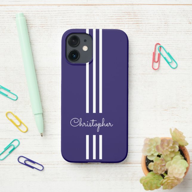 Modern Trendy Racing Stripes monogrammed  iPhone Case (On Desk)