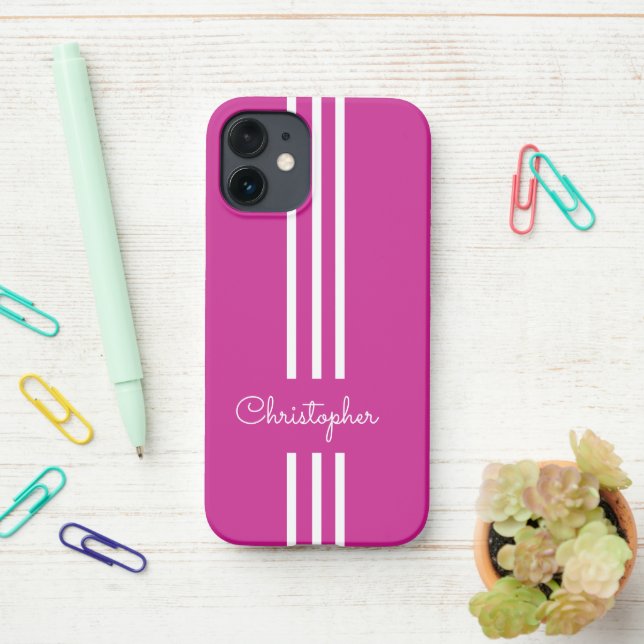 Modern Trendy Racing Stripes monogrammed  iPhone Case (On Desk)