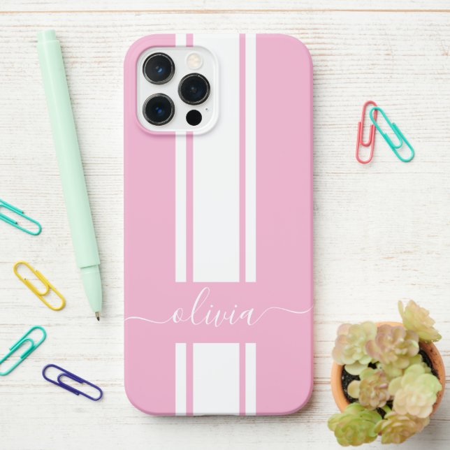 Modern Trendy Racing Stripes monogrammed  iPhone Case (On Desk)