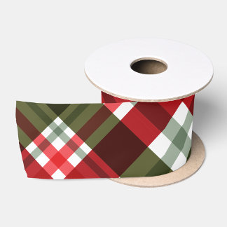 Modern Trendy Red & Green Christmas Plaid Pattern Satin Ribbon