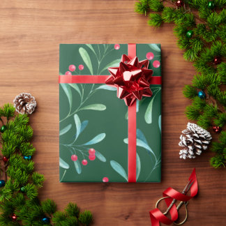 Modern Trendy Red & Green Winter Holly Pattern Wrapping Paper