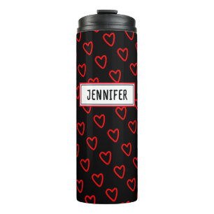 Modern Trendy Red Heart On Black And Name Label Thermal Tumbler