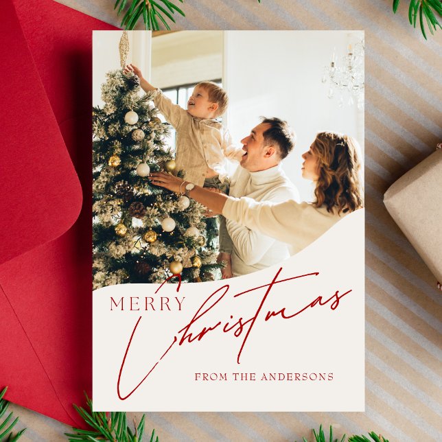 Modern Trendy Red Merry Christmas Family Photo  Holiday Card (Creator Uploaded)