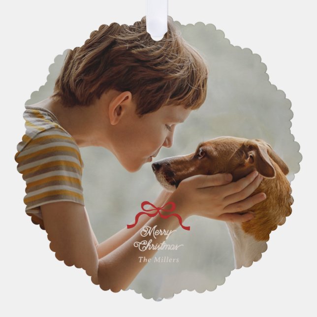 Modern Trendy Red Retro Bows Photo Christmas Tree Decoration Card (Front)