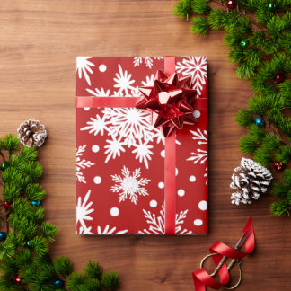 Modern Trendy Red & White Winter Snowflake Pattern Wrapping Paper