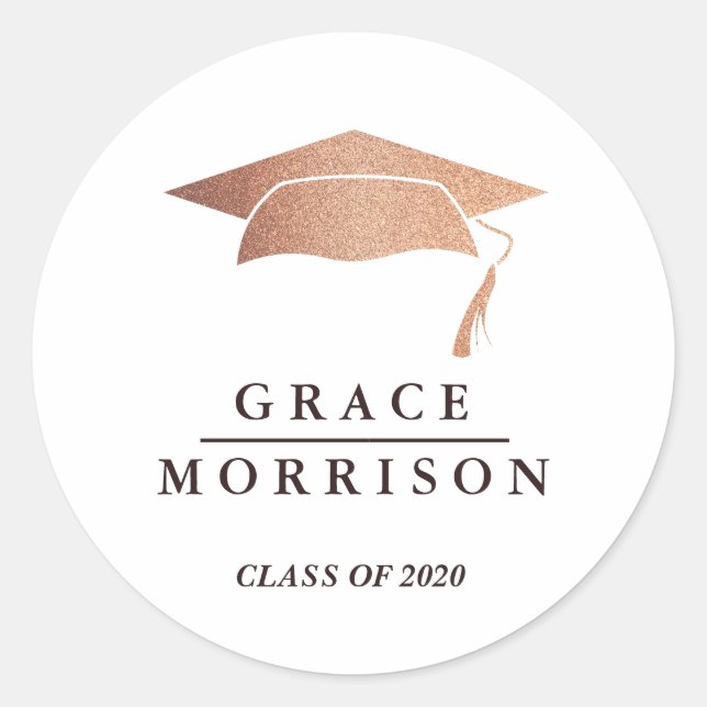Modern & Trendy Rose Gold Personalised Graduation Classic Round Sticker (Front)