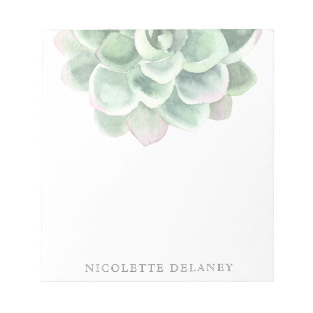 Modern Trendy Sage Green Watercolor Succulent Notepad (Front)