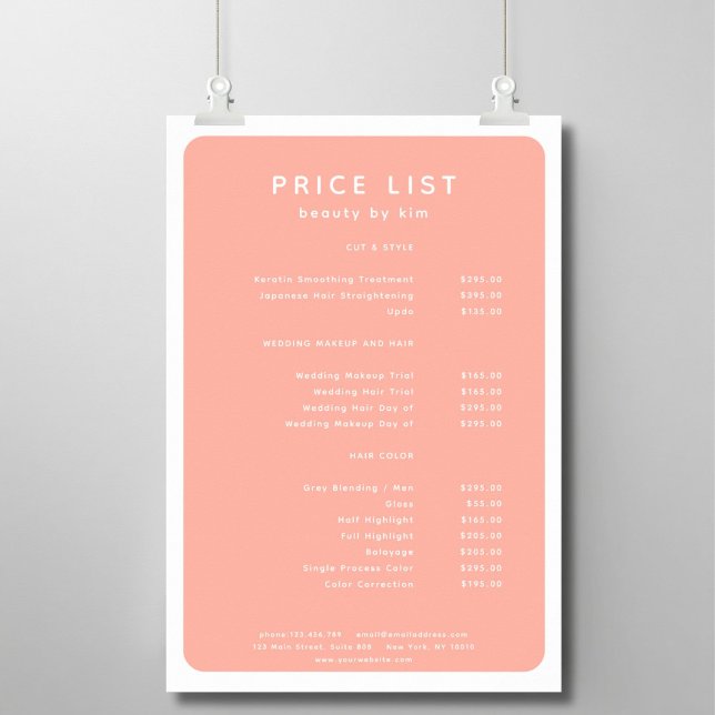 Modern, Trendy, Salon Price List Poster (Modern, simple, salon price list, peach - white. Prints & instant downloads.)