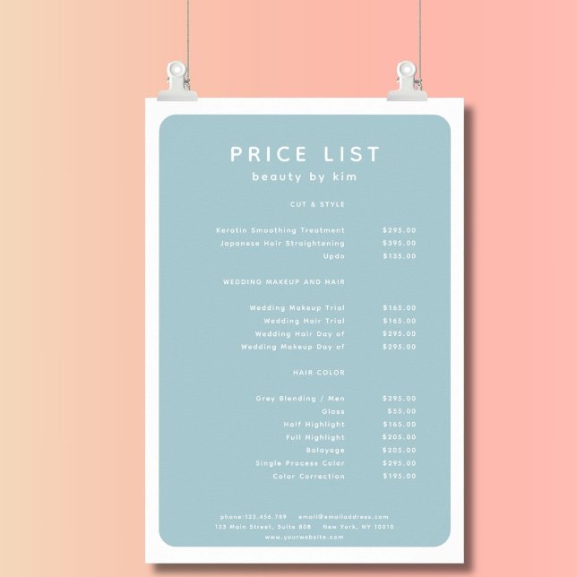Modern, Trendy, Salon Price List Poster (Modern, simple, salon price list, blue- white. Prints & instant downloads.)