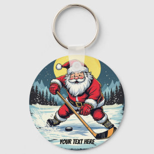 Modern Trendy Santa Playing Ice Hockey Custom  Key Ring