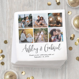Modern Trendy Script and 6 Photo Collage Wedding Napkin