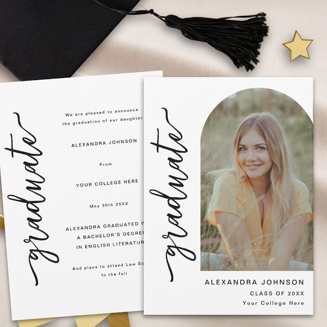 Modern Trendy Script Arch Photo Announcement (Modern trendy gold script arch photo graduation announcement card)