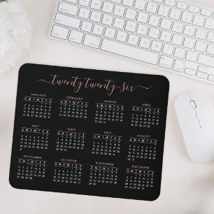 Modern Trendy Script Black Rose Gold 2026 Calendar Mouse Pad