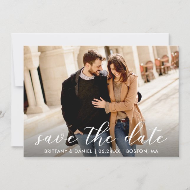 Modern Trendy Script Couple Photo Save The Date (Front)