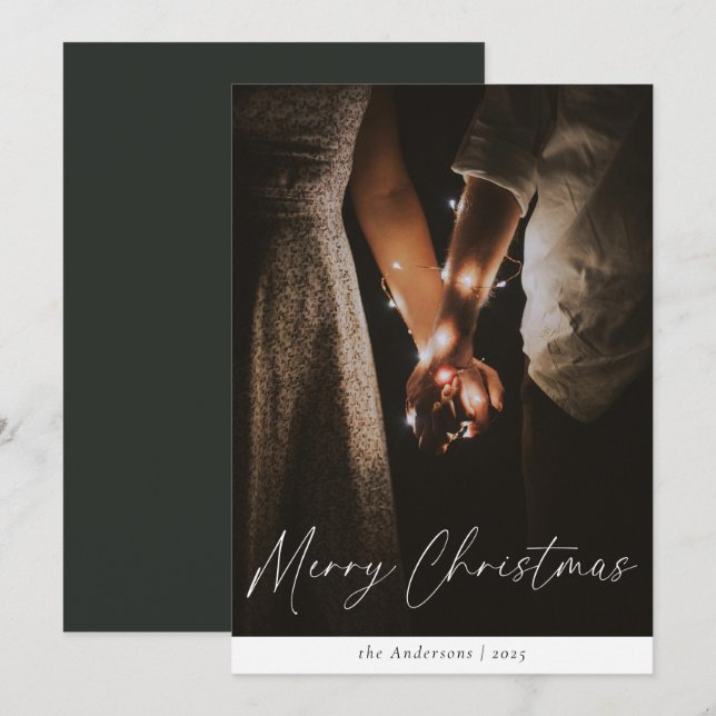 Modern Trendy Script Dark Green Merry Christmas Holiday Card (Front/Back)