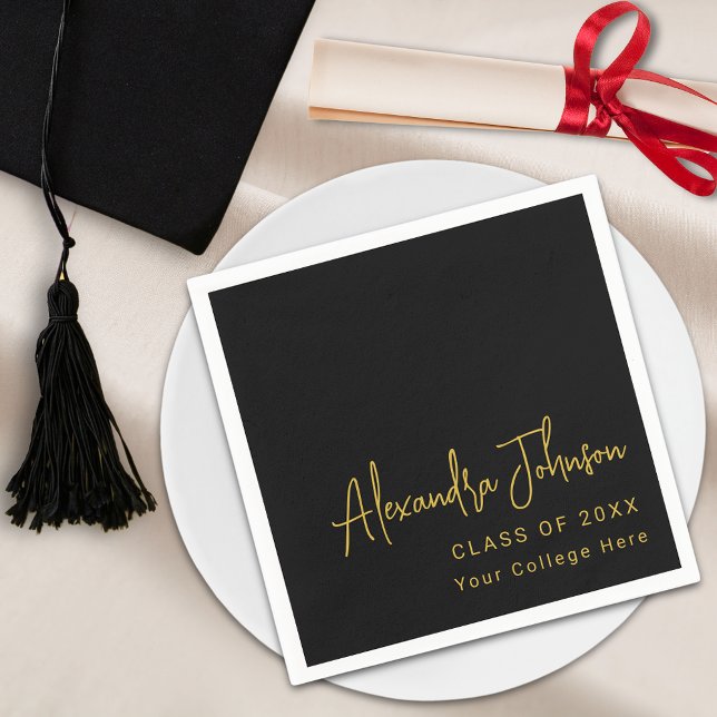 Modern Trendy Script Graduation Party Napkin (Modern trendy script graduation party custom paper plate black and gold elegant minimalist chic)