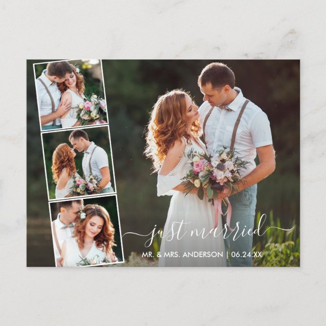 Modern Trendy Script Just Married 4 Photo Postcard (Front)
