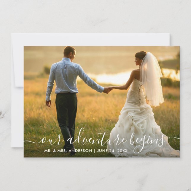 Modern Trendy Script Our Adventure Begins Wedding Thank You Card (Front)