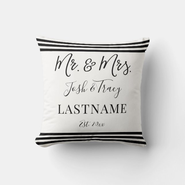 Modern Trendy Script Personalised Mr. and Mrs. Cushion (Front)