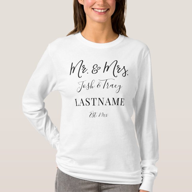 Modern Trendy Script Personalised Mr. and Mrs. T-Shirt (Front)