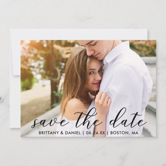 Modern Trendy Script Photo Save The Date (Front)