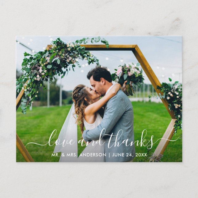 Modern Trendy Script Wedding Love and Thanks Postcard (Front)