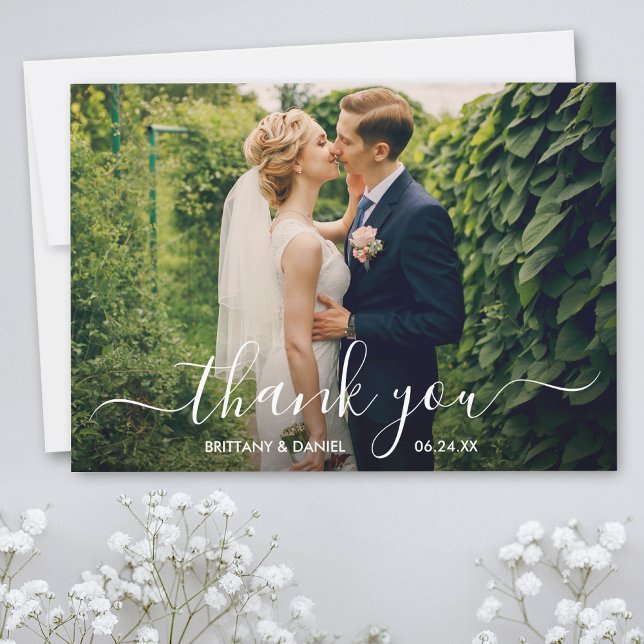 Modern Trendy Script Wedding Photo Thank You Card (Customize to add text or more photos to back of card.)
